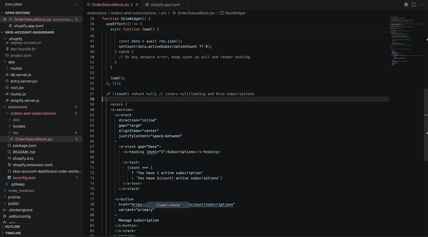 Code editor showing the OrderStatusBlock.jsx extension: a SkioWidget component that fetches an active subscription count, returns null when the count is zero or null, and otherwise renders a Shopify section with a heading, a count line and a Manage subscription button.