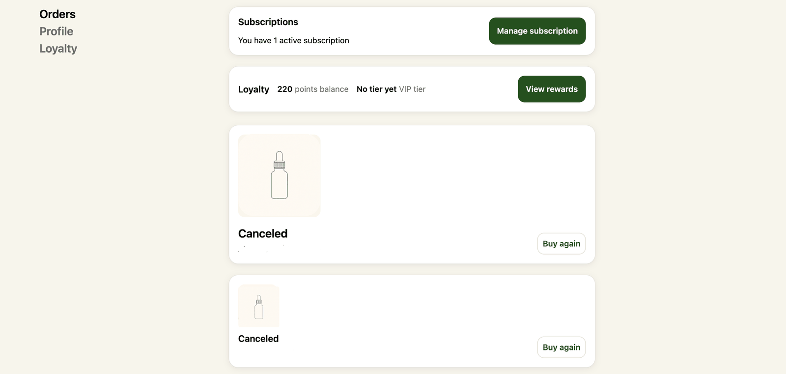 Shopify customer account page showing a subscriptions block with a Manage subscription button, a loyalty block showing a 220 point balance with a View rewards button, and order history below.