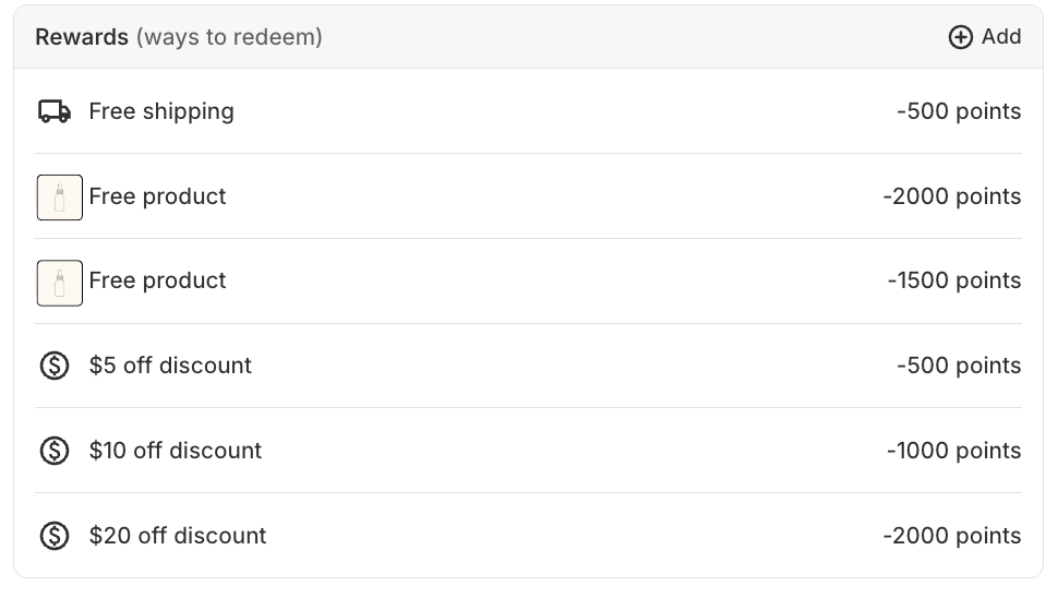 Loyalty app admin screen listing redemption options: free shipping at 500 points, free products at 2000 and 1500 points, and 5, 10 and 20 dollar discounts at 500, 1000 and 2000 points.