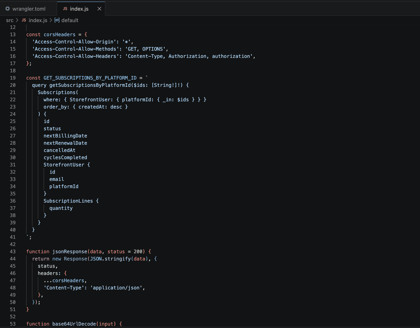 Code editor showing a Cloudflare Worker: CORS headers, a GraphQL query getSubscriptionsByPlatformId filtering Subscriptions by StorefrontUser platformId and returning id, status, billing dates, cancellation date and cycles completed, plus a JSON response helper.